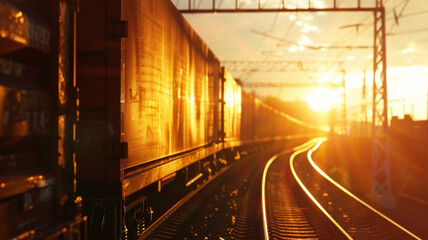 Sunset's golden light bathes a railway track, promising journeys yet to come. - obrazy, fototapety, plakaty
