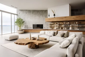  Beige luxury sofa and rustic live edge coffee table in spacious room. Minimalist home interior design of modern living room in villa. © Vadim Andrushchenko