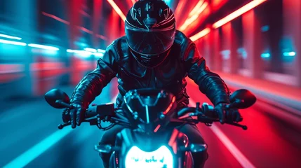 Küchenrückwand glas motiv A motorcyclist rides fast in neon lights. © Nikolay