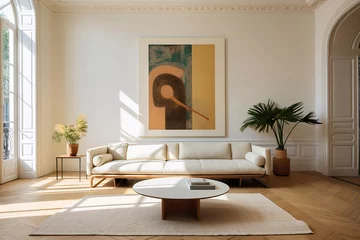 Fototapeten Round coffee table on beige rug near cozy sofa in room with classic paneling and poster. Scandinavian home interior design of modern living room. © Vadim Andrushchenko
