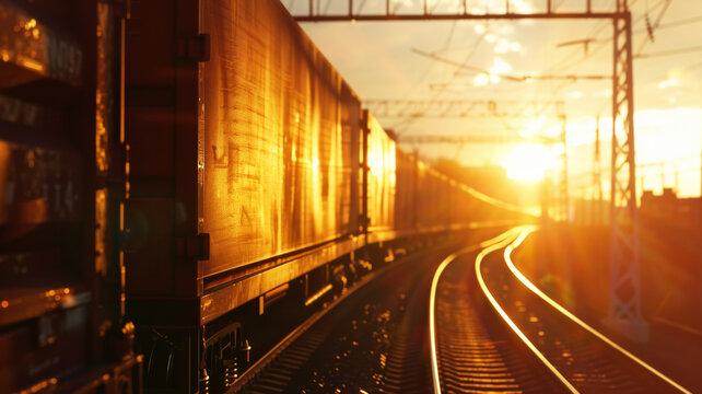 Fototapeta Sunset's golden light bathes a railway track, promising journeys yet to come.