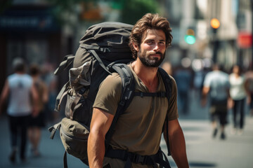 Sport man or tourist with khaki backpack rucking and walking at street in summer city. Travel vacation. Trendy activity. Rucking active walking with backpack that contains extra weight. - obrazy, fototapety, plakaty