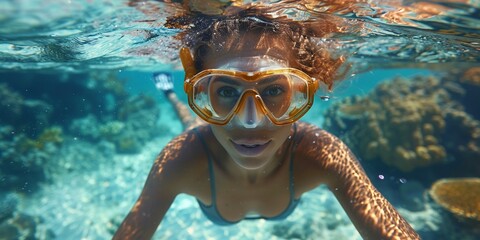 An excited and delighted woman snorkeling underwater, enjoying a summer adventure in the clear blue sea.