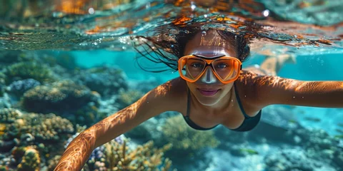 Fotobehang An adventurous woman snorkeling in the clear turquoise waters, exploring a coral reef during summer vacation. © Iryna