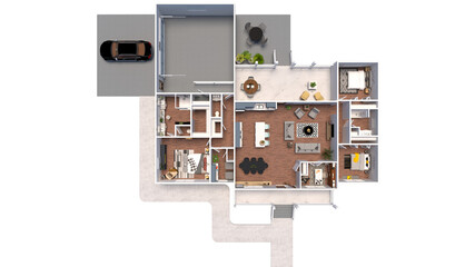 3D Floor Plan for Three Bedroom, 2 Bathroom ,Living Room, Kitchen, Garage Interior Design. 