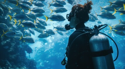 Scuba diver watching beautiful colorful coral reef with shoal of red fish