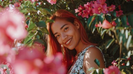 Radiant woman with vibrant dyed hair enjoying serene moment in blooming garden