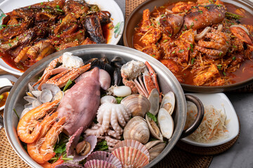 Pollack, pollack, pollack, steamed seafood, seafood, shrimp, squid, clams, side dishes, spicy, Korean food