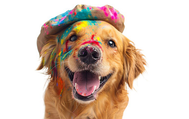 Joyful Dog Celebrating in Holi Hat Isolated on Transparent Background PNG.
