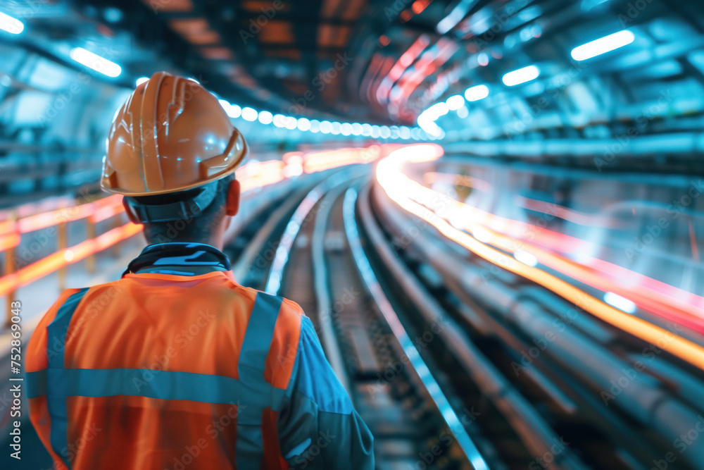 Aufkleber a construction worker in a tunnel. engineering industry. motion blur. created with generative ai tec