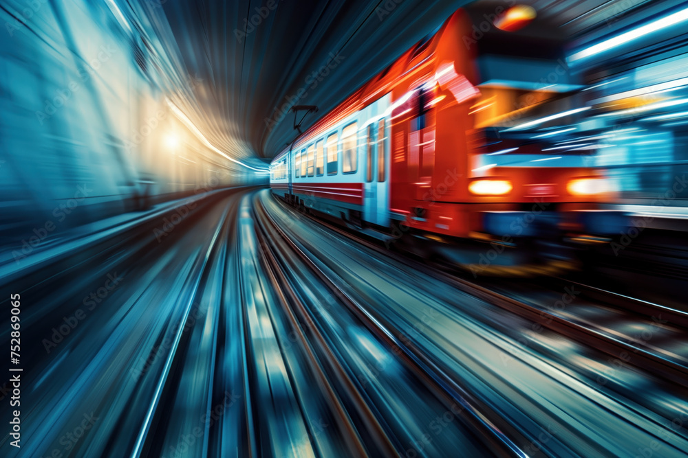 Poster fast moving train in tunnel. engineering industry. motion blur. created with generative ai technolog
