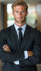 Fototapeta premium Stylish businessman portrait in a fashionable attire against a defocused background