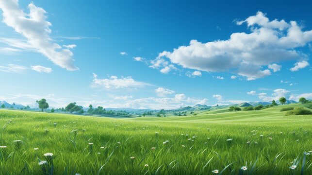 Lush wide grass field with a vividly clear sky overhead