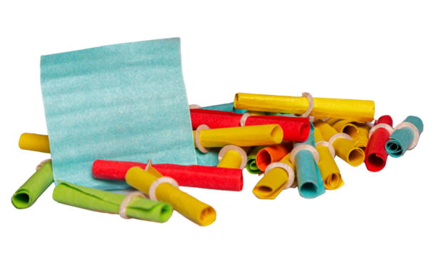 Many colorful isolated raffle tickets lie on a transparent background with notes to write on