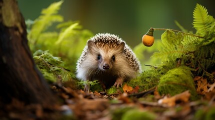 Hedgehog ambling through forest underbrush, wildlife in detail - obrazy, fototapety, plakaty