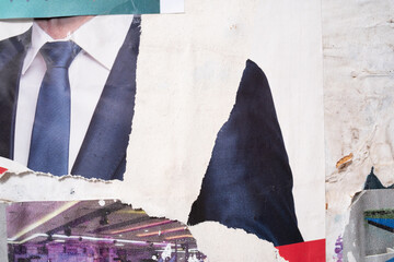 Torn and ripped street poster background, old paper messy collage backdrop