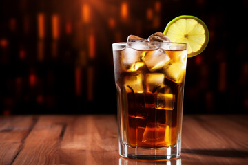 Long Island Iced Tea on a Wooden Table with Blurry Background.
