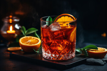 A Negroni cocktail with a vibrant orange slice, served on a dark backdrop with ambient candlelight.