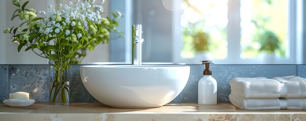 A tidy bathroom sink area is prepared for use and cleaning. Concept Bathroom Organization, Sink Cleaning, Hygiene Habits, Decluttering Tips, Cleaning Supplies