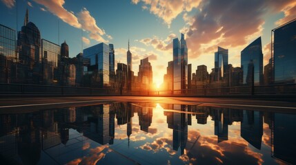 Shiny corporate skyscrapers reflecting the sunrise, ambition symbol