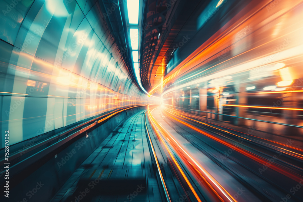 Poster fast moving train in tunnel. engineering industry. motion blur. created with generative ai technolog
