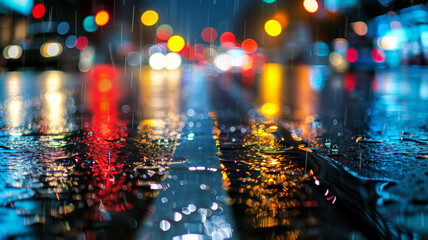 Vibrant city lights reflected on wet streets at night, a spectrum of urban life.