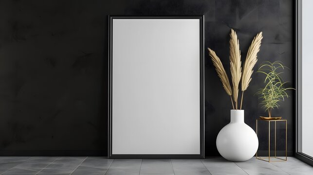 Blank white frame on the black wall living room background. Frame for mockup.