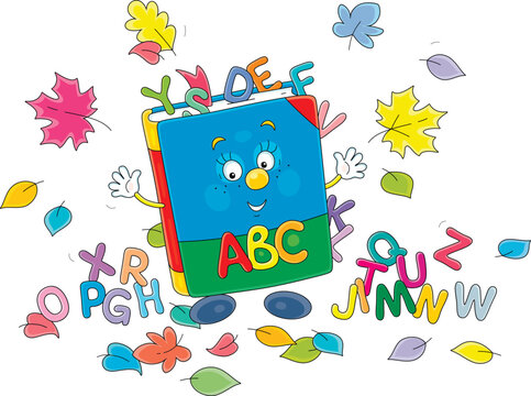 Funny cartoony ABC book surrounded by colorful letters and autumn leaves, friendly smiling and waving in greeting before start of classes, vector cartoon illustration isolated on a white background