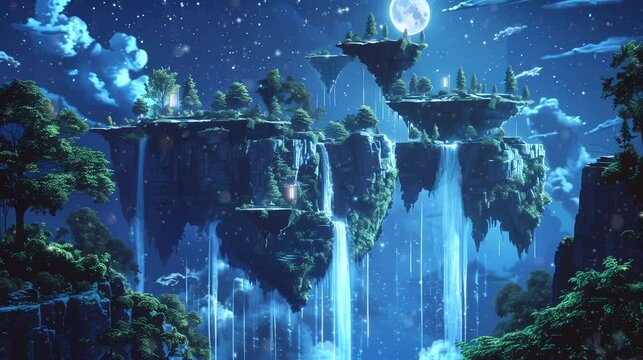 A surreal landscape with floating islands and waterfalls at night. Fantasy landscape anime or cartoon style, looping 4k video animation background