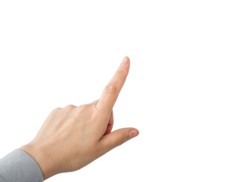 Clicking hand on an empty space. Finger pressing. Woman hand showing the fingers, isolated. Copy space to add text or additional content.