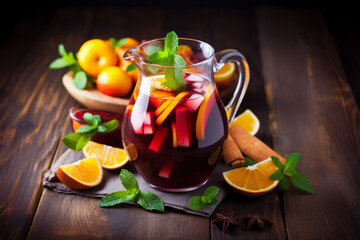 Sangria in a glass pitcher, richly garnished with citrus fruits and cinnamon, on a rustic table.