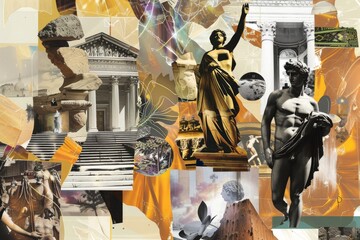 Naklejka premium Collage of stoic classical statues with stoicsim and textures. A creative digital collage that combines elements of classical statues with various textures and abstract patterns