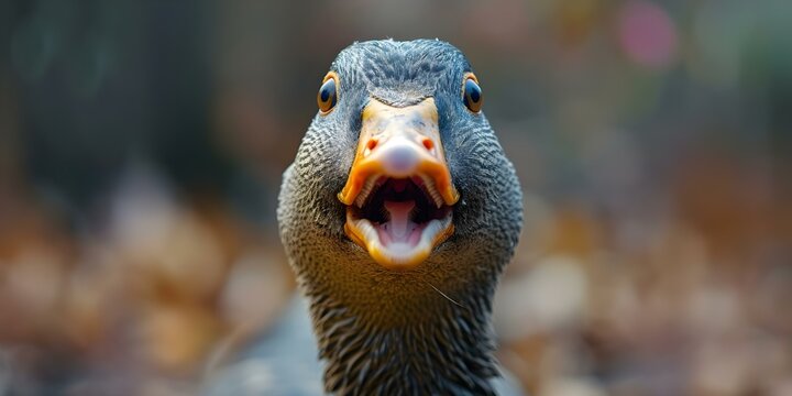 A cute and curious duck or goose with a surprised expression. Concept Animal Photography, Duck Portrait, Outdoor Nature, Surprised Expression, Adorable Wildlife