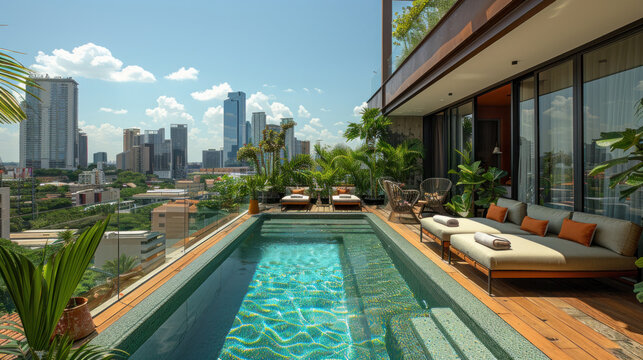 A rooftop pool and lounge area surrounded by lush greenery and overlooking the bustling city below. Soak up the sun in style