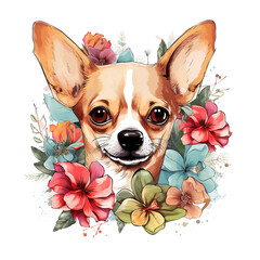 Chihuahua dog head and beautiful tropical flowers on white background. Mammals. Pet. Animals. Illustration, Generative AI.