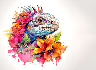 An iguana head and beautiful tropical flowers on clean background. Reptile. Illustration, Generative AI.