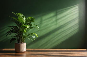 plant in a vase on the table with morning sun rays from an open window on a green wall