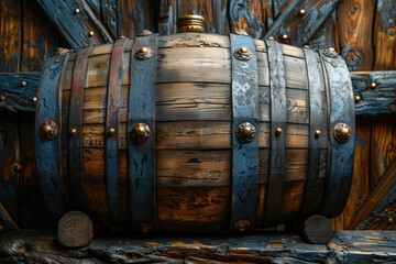 A vintage wooden barrel with metal bands on a dark background.