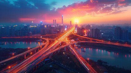 Aerial view of the glowing lights of a busy highway interchange at dusk, with a city skyline backdrop. - obrazy, fototapety, plakaty