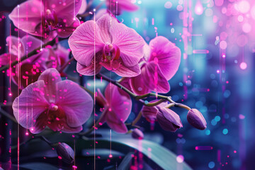 Vibrant orchid flowers merging with glowing blue circuit board lines, symbolizing the fusion of...