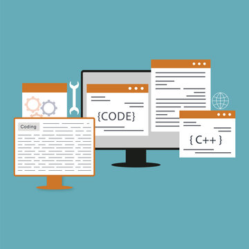 Concept of computer programming or developing software or game. Vector 3d illustration with coding symbols and programming windows. Concept of Information technologies and computer engineerin