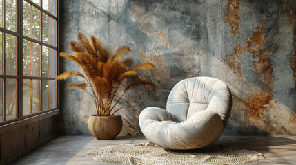 Boho home interior design of modern living room, Grey snuggle chair against stucco wall.