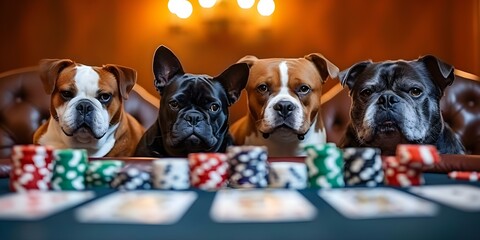 Various dog breeds playing a spirited game of poker collectively. Concept Dogs, Poker, Playing, Fun, Spirited - obrazy, fototapety, plakaty