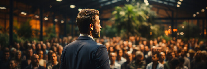 Business event, Rear view of motivational speaker standing on stage in front of audience for motivation speech on business event.
