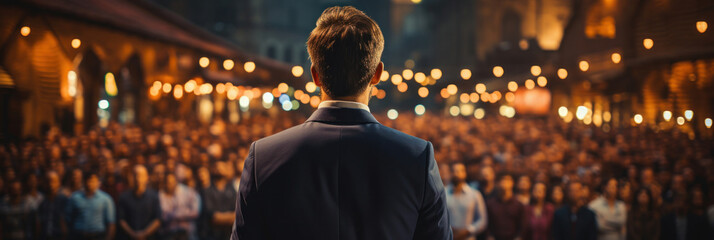 Business event, Rear view of motivational speaker standing on stage in front of audience for motivation speech on business event. - obrazy, fototapety, plakaty