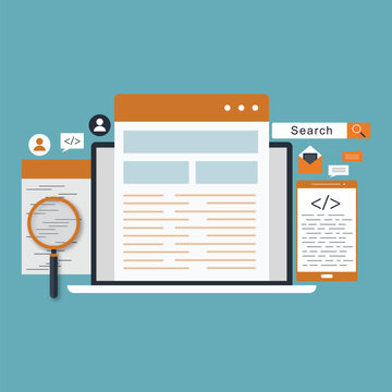 Concept of computer programming or developing software or game. Vector 3d illustration with coding symbols and programming windows. Concept of Information technologies and computer engineerin