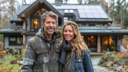 Obraz premium Couple stands smiling in the driveway of a large house with solar panels installed.