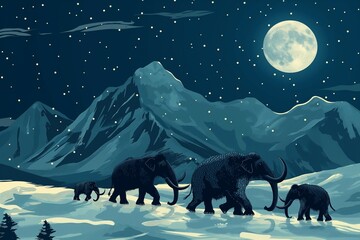 mammoths walking in a snowy mountain landscape - obrazy, fototapety, plakaty