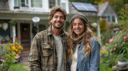 Couple stands smiling in the driveway of a large house with solar panels installed.