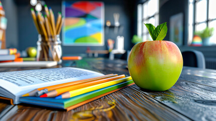 Education Essentials, Apple and Books on Desk, Classroom Setting for Productive Study Sessions